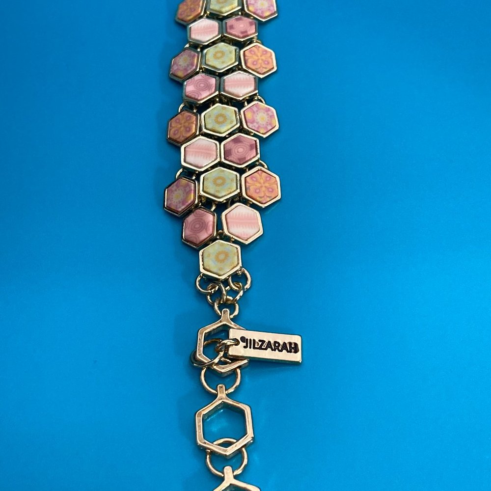 Jilzarah Gold-Tone Toggle Bracelet with Pink Hexagon Design - Spring Colors!